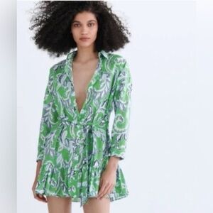 ZARA Printed Paisley Green Women’s Long Sleeve Button Down Belted Mini Dress Med